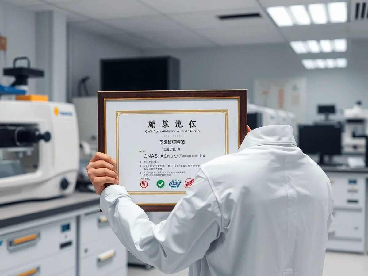 实验室技术人员手持CNAS认可证书，背景为精密分析仪器